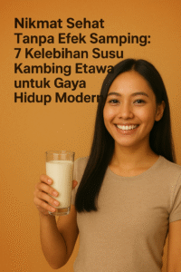 Seorang wanita muda Asia Tenggara tersenyum sambil memegang segelas susu kambing putih, berdiri di depan latar oranye lembut dengan nuansa modern dan bersih. Gaya foto profesional ini menonjolkan konsep “Nikmat Sehat Tanpa Efek Samping” dari susu kambing Etawa, menggambarkan gaya hidup sehat dan alami.